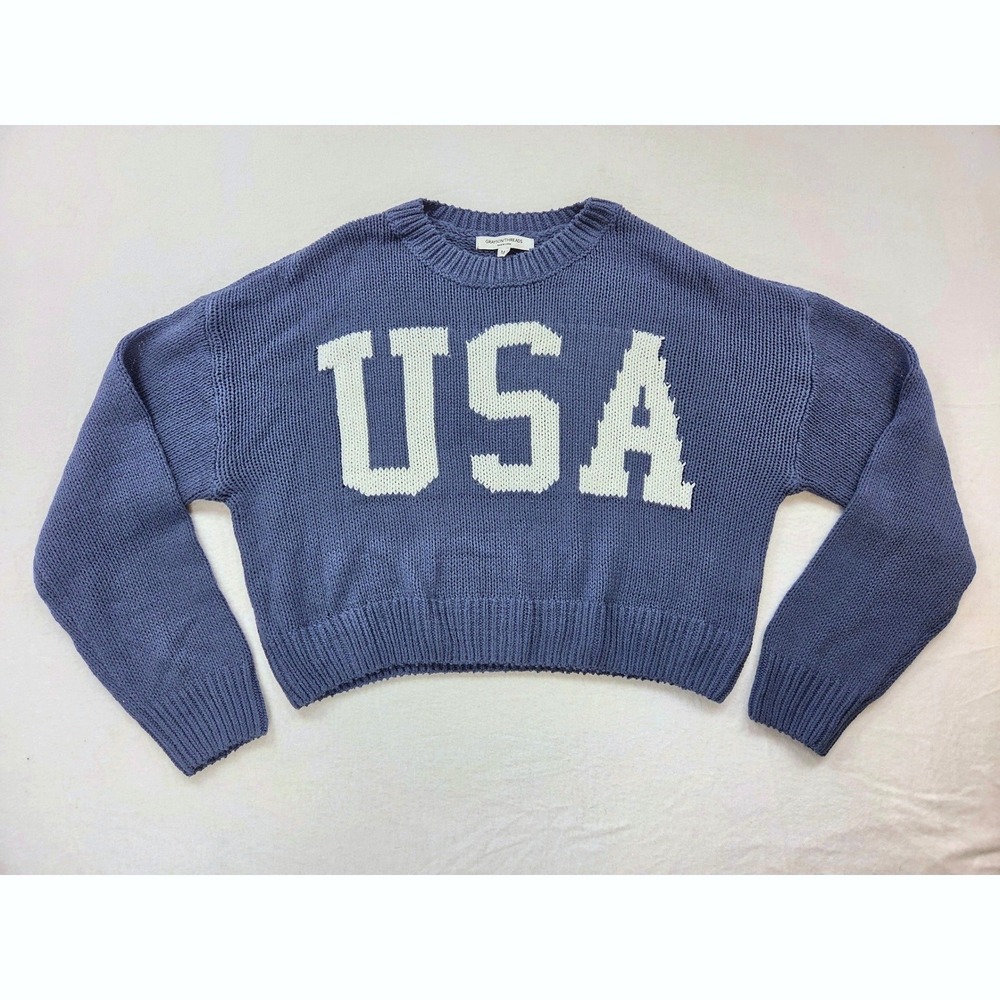 Grayson Threads Blue Knit USA Long Sleeve Crew Neck Sweater Women Sz M Patriotic